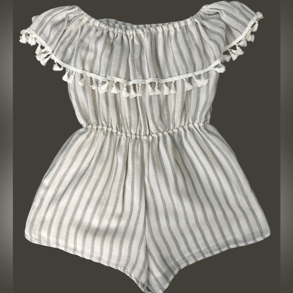 Altar’d State Off-Shoulder Striped Tassel Romper